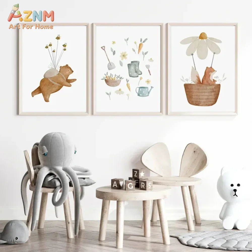 Baby Nursery Home - AZNM Suluboya Ayı Tilki Hayvan Tuval