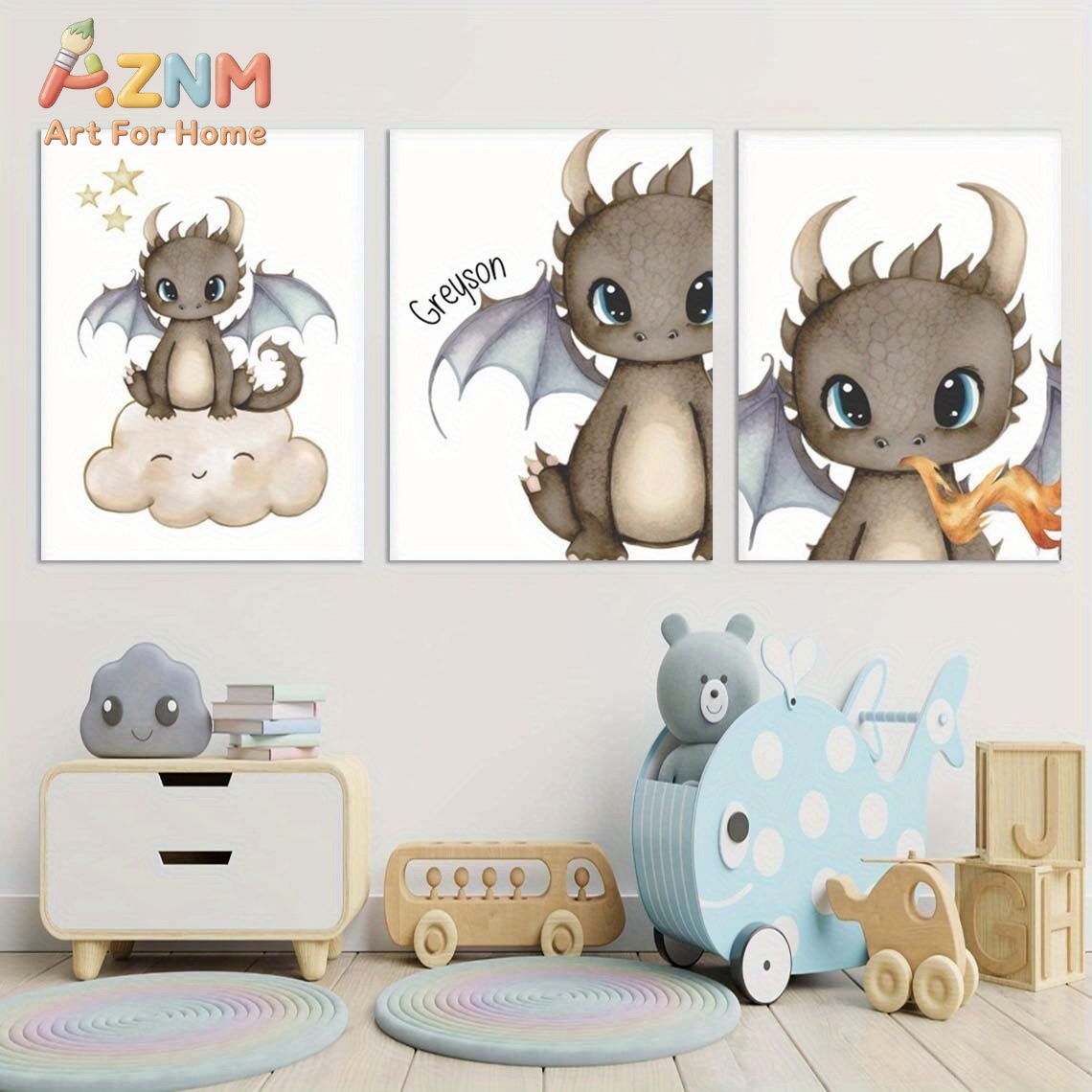 Baby Nursery Kids - AZNM Sevimli Bebek Ejderha Kanvas Duvar