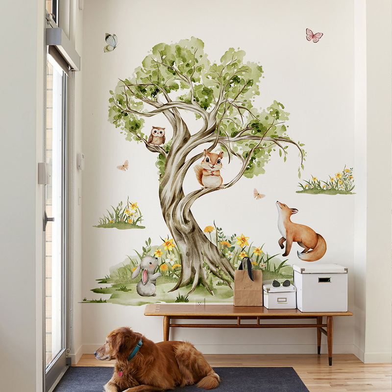 Baby Nursery Jungle Wallpaper - Suluboya Orman Büyük Ağaç Hayvanlar Duvar