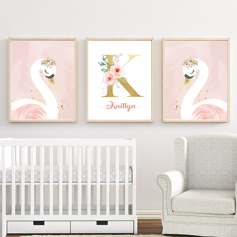 Baby Nursery Name Letters - Pembe taç kuğu altın özelleştirilmiş bebek