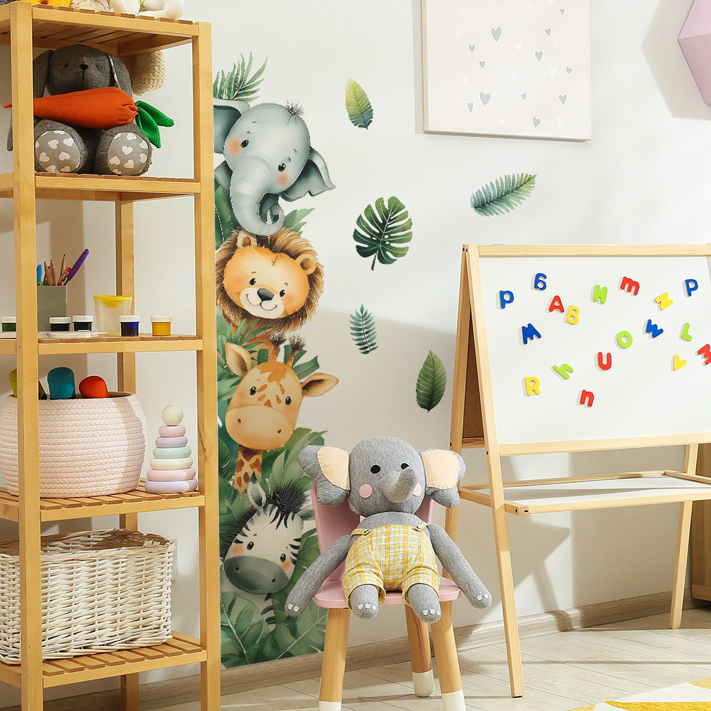 Baby Nursery Jungle Wallpaper - Orman Hayvan Fil Zürafa Duvar Kapı
